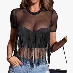 Sheer Black Short Sleeve Crop Top with Fringe Trim